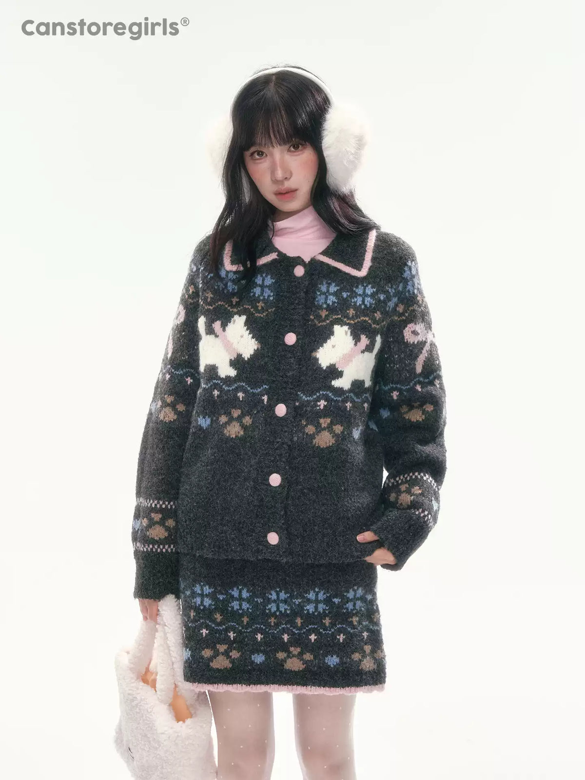 [CAN] Puppy Fair Isle Knit Sweater & Skirt Set (Gray / Pink)