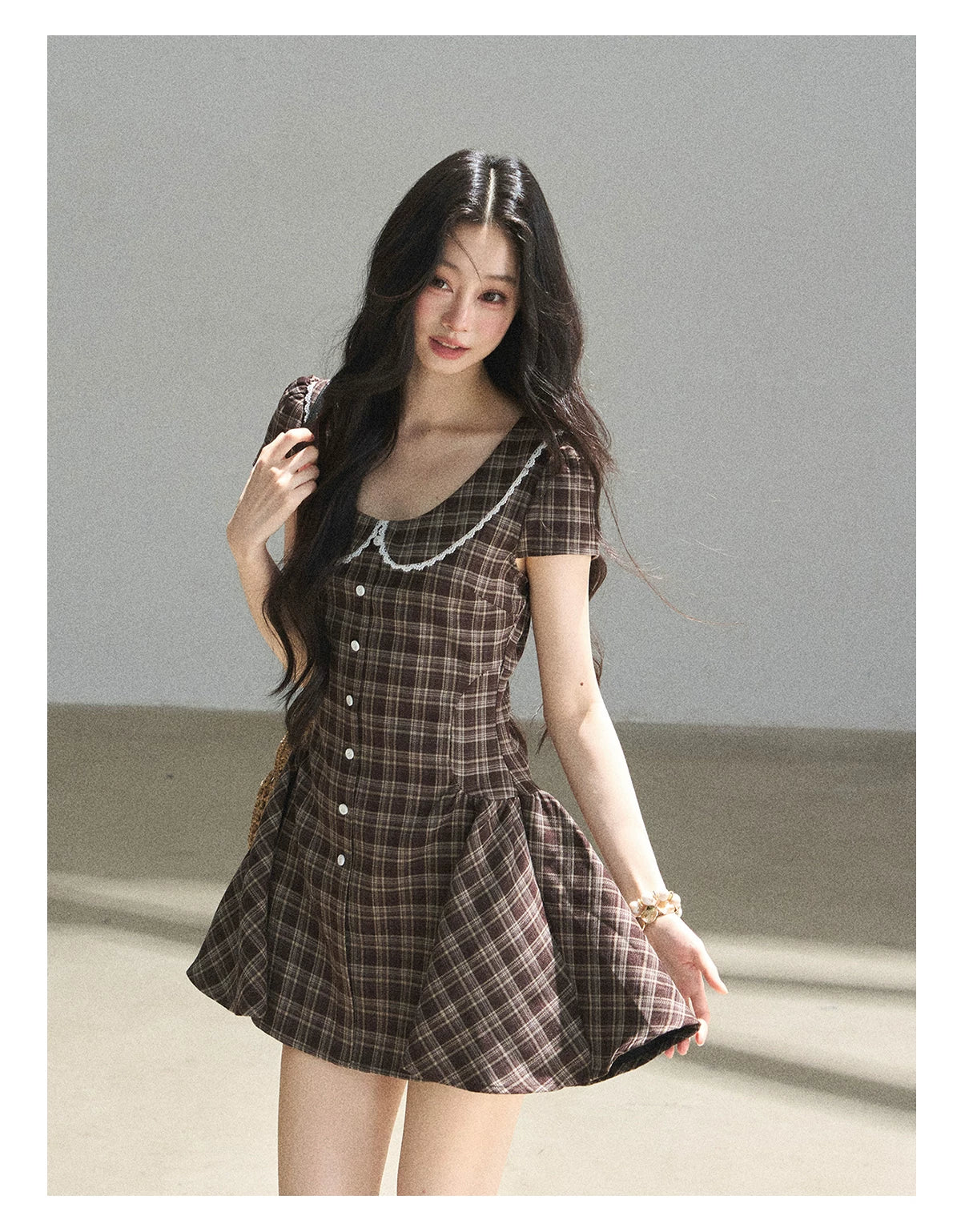 "The Camphor Tree in Late May" Chestnut Brown Plaid Peter Pan Collar Babydoll Mini Dress