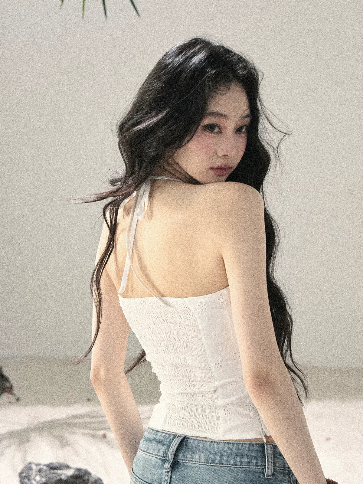 "Fragments of Tenderness" Frost White Halter Twist Crop Top