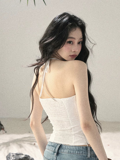 "Fragments of Tenderness" Frost White Halter Twist Crop Top
