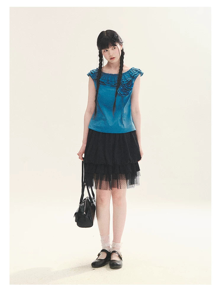 "Bluebell" Peacock Blue Lace Embroidered Fitted Sleeveless Top