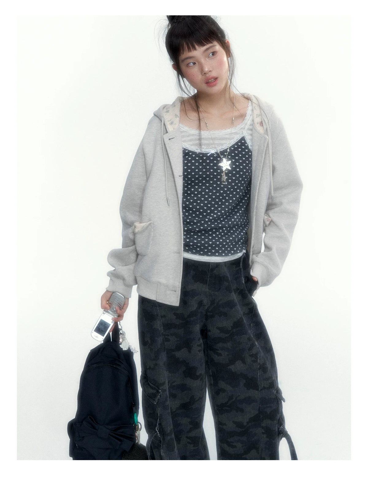 “Early Gray” Light Gray Striped Lace-Trimmed Fitted Long-Sleeve Top