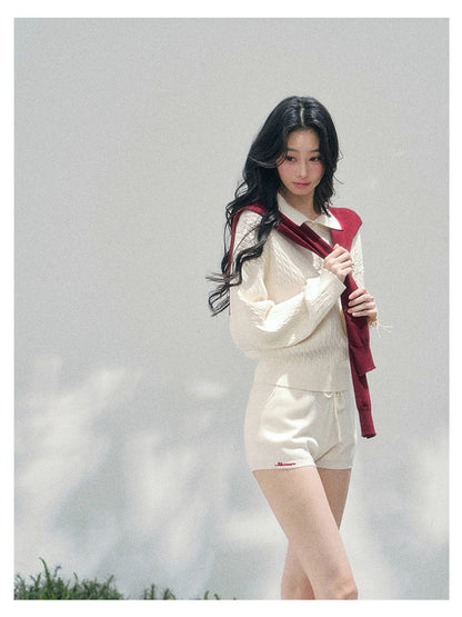 少也眼 “Campus Muse” Apricot Preppy Three-Piece Knit Set 6785654