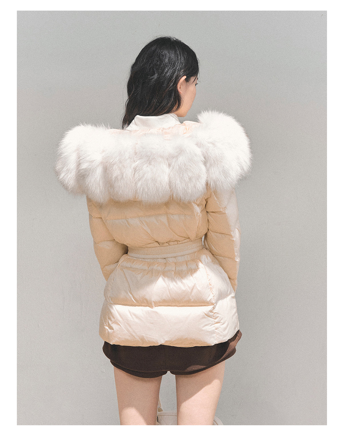 少也眼 “Snowcountry Floating Bridge” Thick Warm Down Jacket with Detachable Fur & Belt 661513