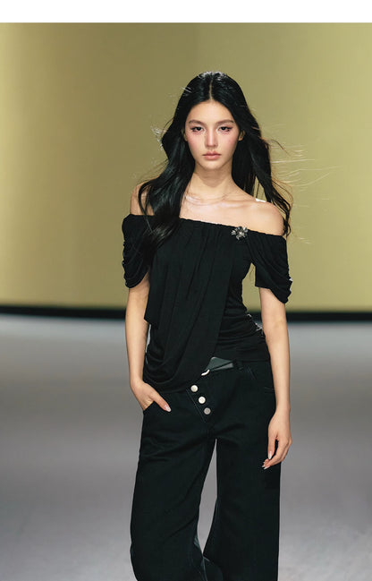 "Midnight Bloom" Black Lyocell Off-Shoulder Ruched Top