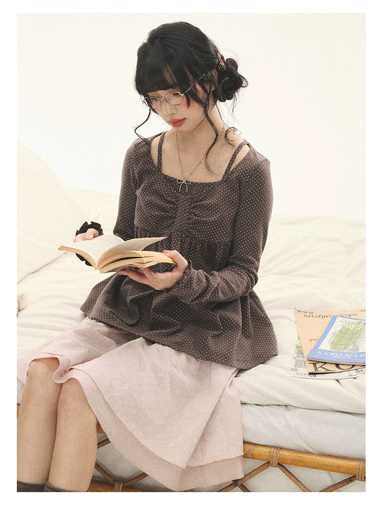 "Sweet Favorite" Polka Dot Faux-Layer Bow Knit Top (Gray Brown/ Blush Pink)