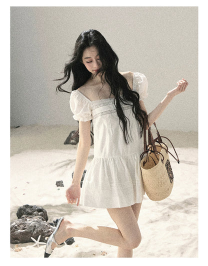"Light as a Cloud" Frost White Puff Sleeve Lace Babydoll Mini Dress