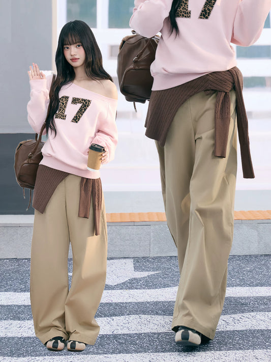 "Soft Horizon" Light Khaki Curved-Leg Pants