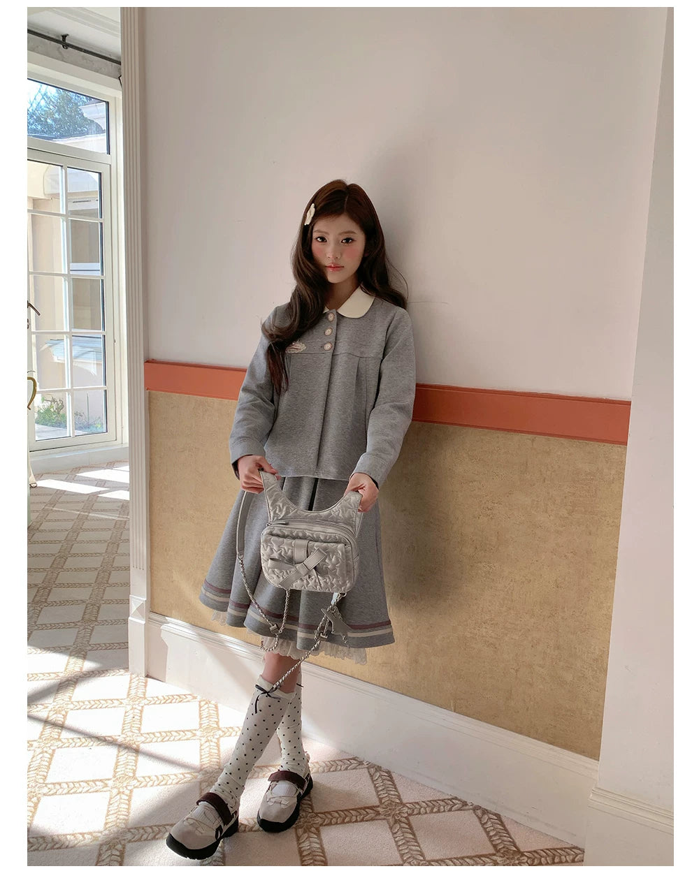 “Misty Academy Reverie” Light Grey Cropped Top & Bubble Mini Skirt