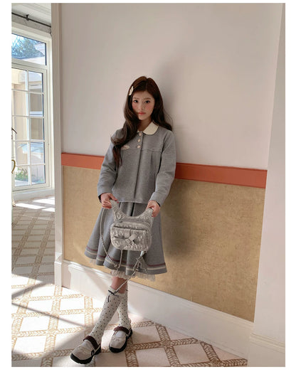 “Misty Academy Reverie” Light Grey Cropped Top & Bubble Mini Skirt