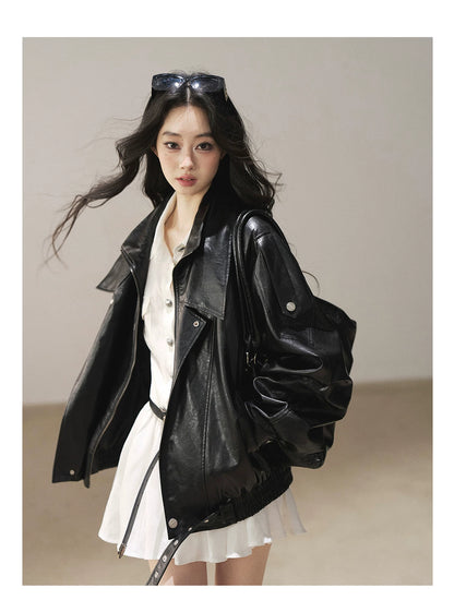 AOMALM - "Solo Journey" Quiet Black Oversized PU Moto Jacket