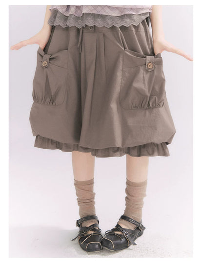 “Sweet & Cool Girl” Taupe Bow Drawstring High-Waist A-Line Cargo Skirt