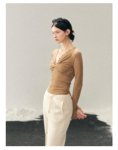 少也眼 “Vintage White Moonlight” Lace V-Neck Long Sleeve Slim Fit Top - Coffee Brown