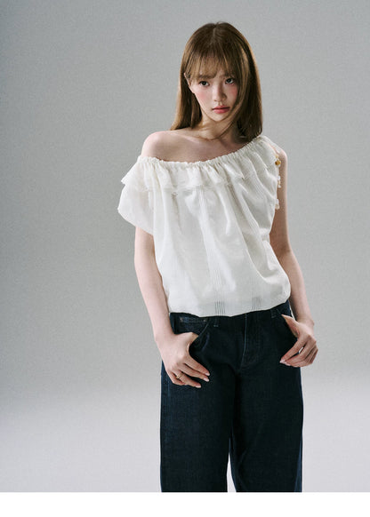 LOST FOREST - Natural Linen-Blend Drawstring Shoulder Top