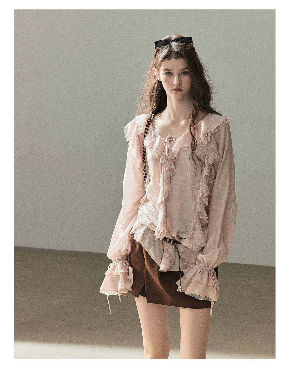 AOMALM - "A Featherlight Touch" French Camellia White Lace Chiffon Top with Belt (Camellia / Oatmeal / Cinnamon Pink)