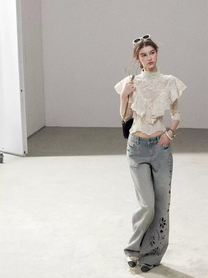 "Translucent Bloom" Dutch Cheese Lace Cropped Top
