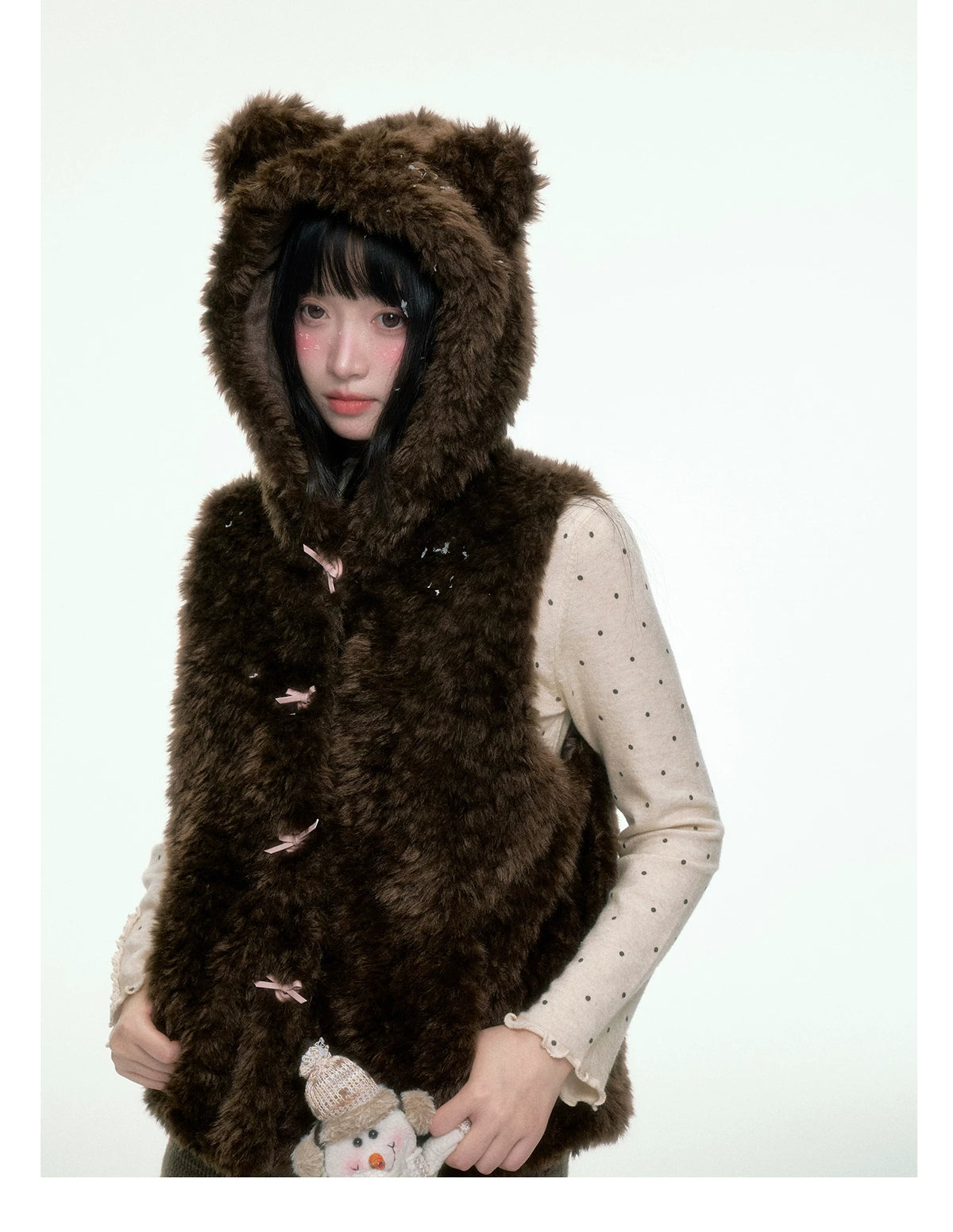 BIBIBENCY - Brown Faux Fur Hooded Vest with Toggle Closures