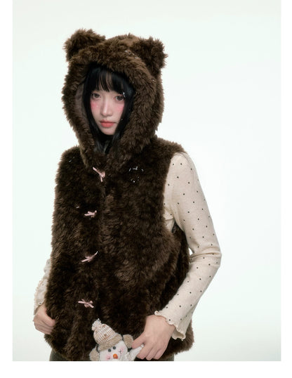 BIBIBENCY - Brown Faux Fur Hooded Vest with Toggle Closures