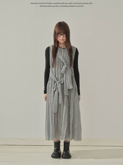 "Heritage Ribbon" Black & White Plaid Plaid Bow Maxi Dress