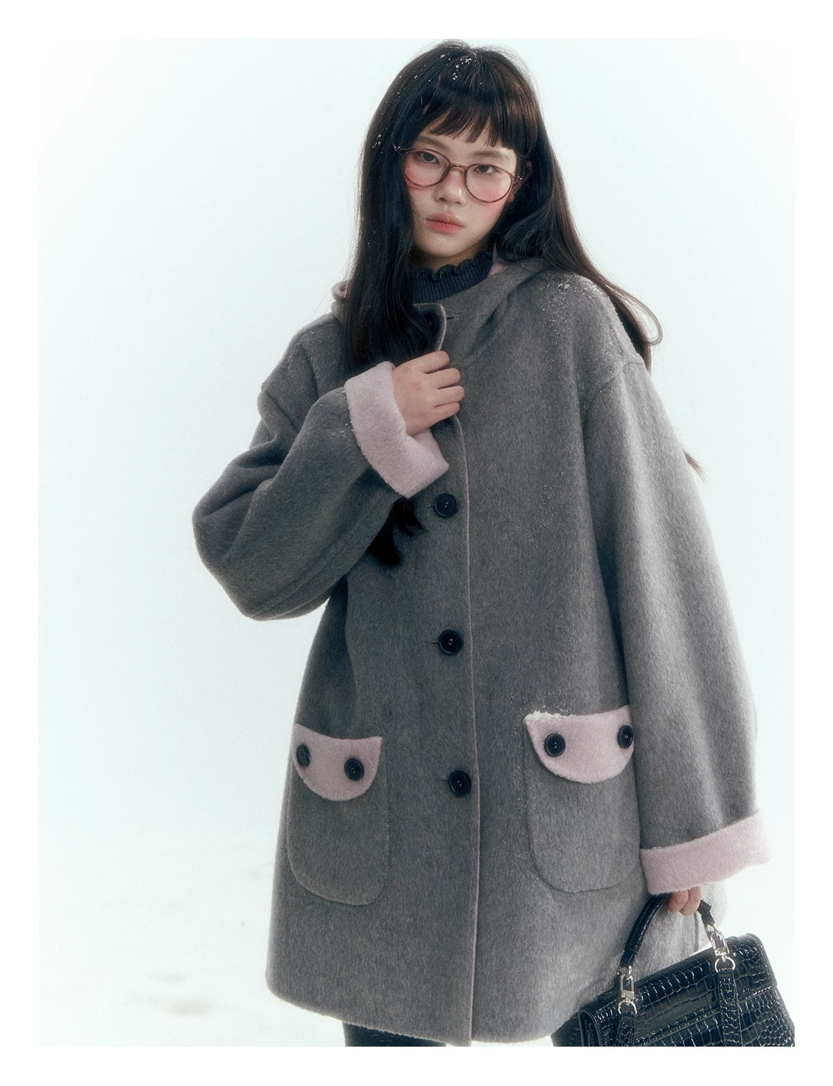 Horridale - Purple and Gray Reversible Hooded Wool Coat