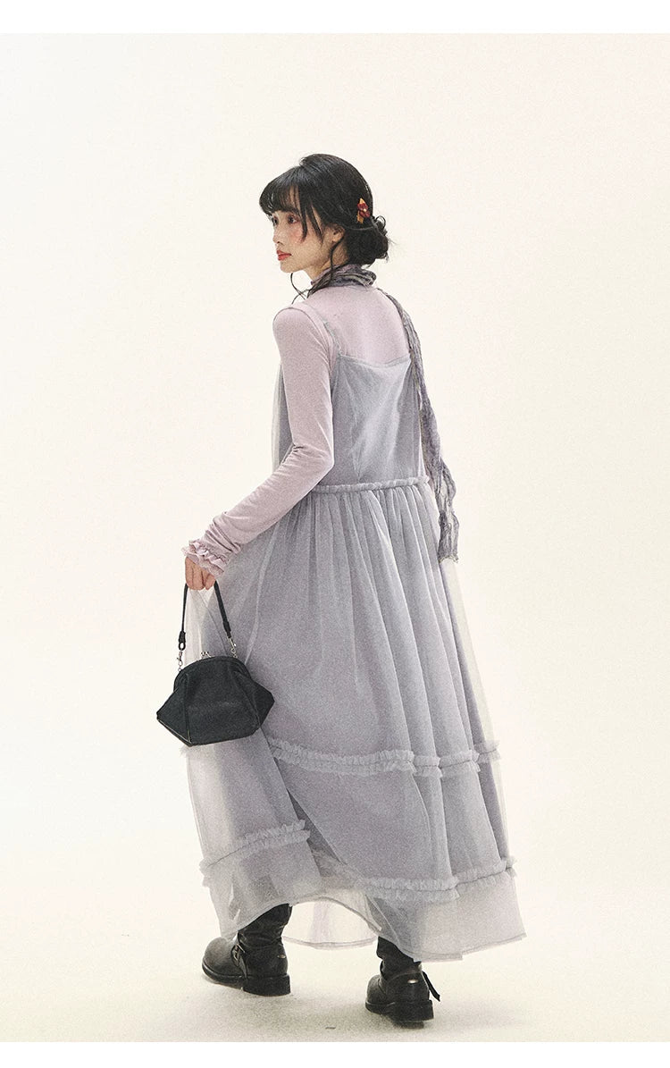 "Morning Veil" Morning Mist Purple Tiered Mesh Slip Midi Dress