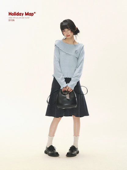 "Sea Salt Bloom" Sea Salt Blue Off-Shoulder Ruffle Knit Sweater