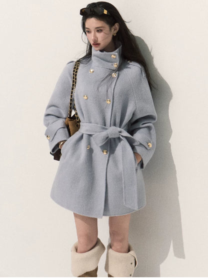 OAKMOO/ Pure Wool Belted Double-Faced Stand Collar Coat (Silver Blue / Flint Gray)