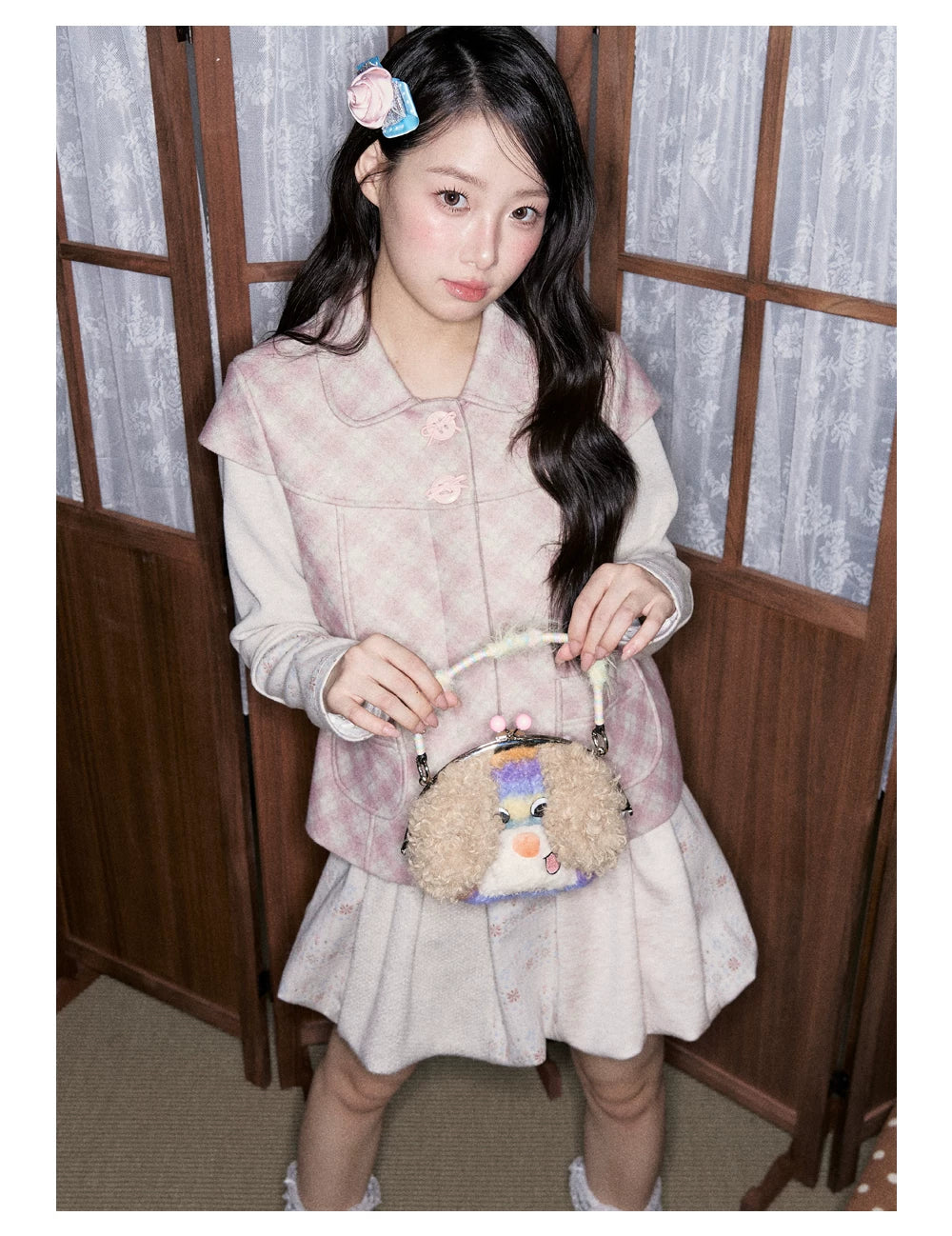 [RF] Pink Gingham Wool Blend Cropped Coat with Peter Pan Collar