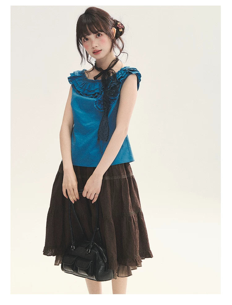 "Bluebell" Peacock Blue Lace Embroidered Fitted Sleeveless Top