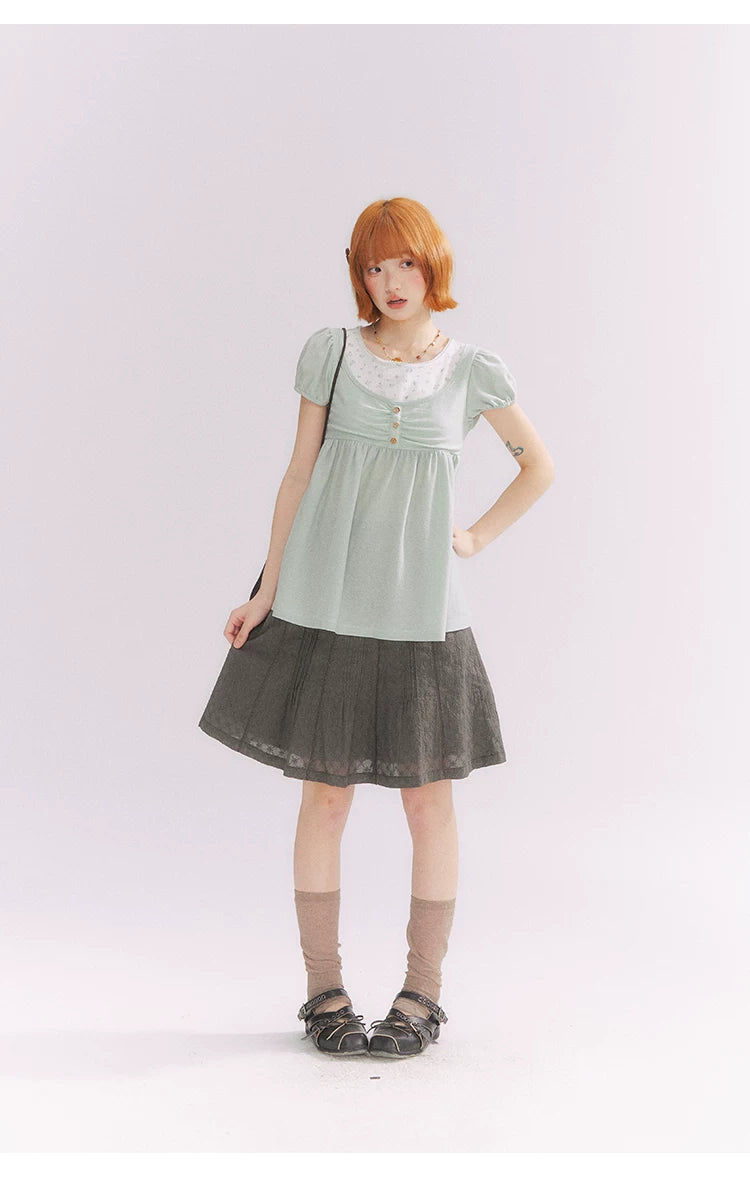 “Misty Texture” Gray Plaid Trim Embroidered A-Line Skirt