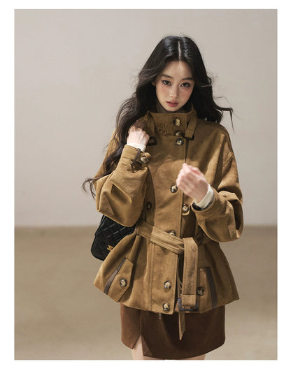 AOMALM - Chestnut Brown Faux-Suede Cropped Utility Coat with Belt