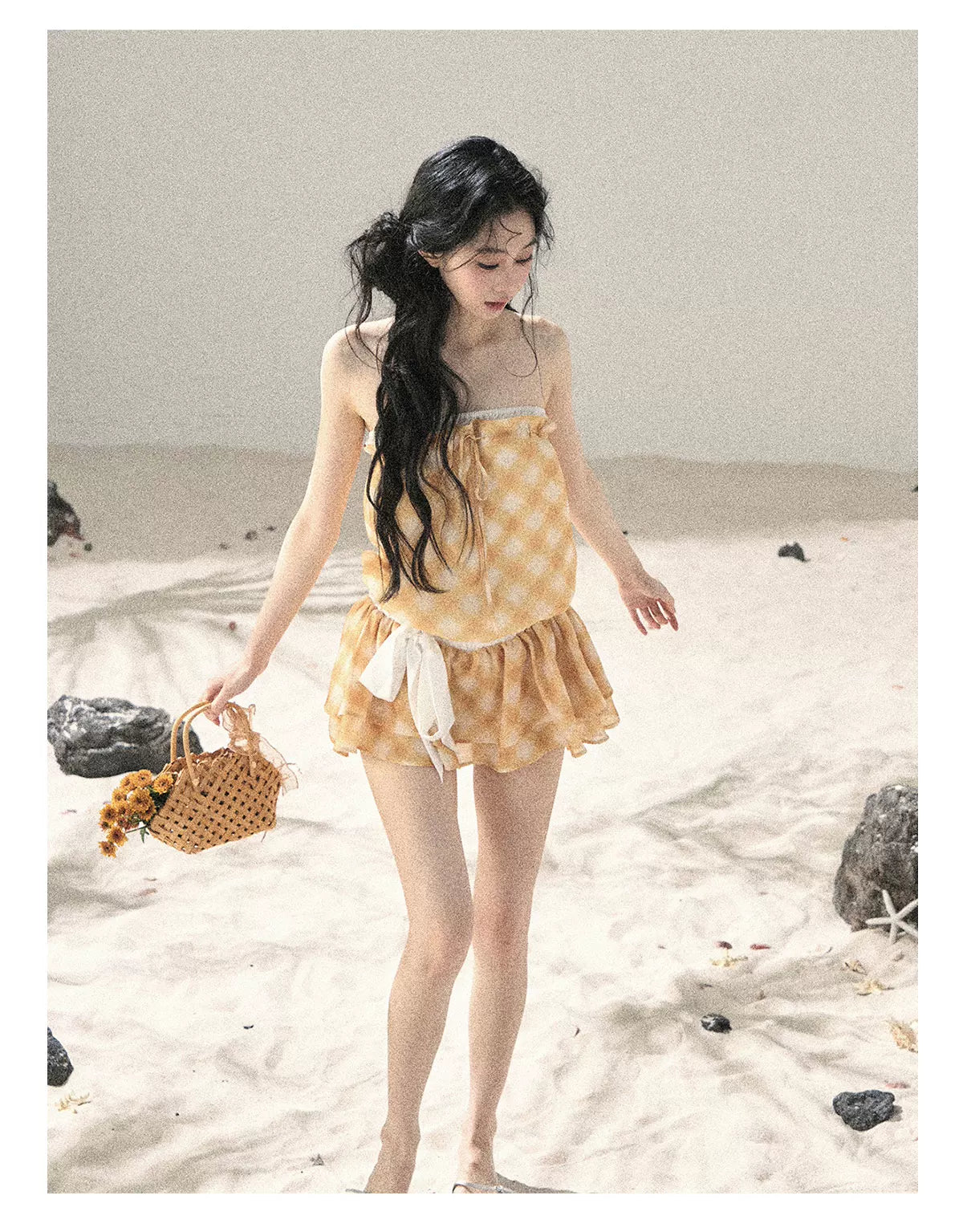 "Breeze Upon the Waves" Cheese Yellow Off-Shoulder Diamond Quilted Mini Dress