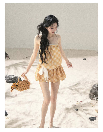 "Breeze Upon the Waves" Cheese Yellow Off-Shoulder Diamond Quilted Mini Dress