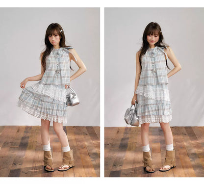 “Berry Fairytale Sonata” Misty Blue Ribbon Neck Lace Dress