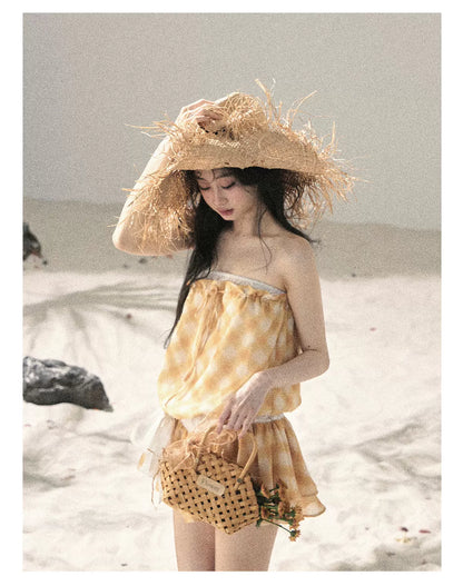 "Breeze Upon the Waves" Cheese Yellow Off-Shoulder Diamond Quilted Mini Dress