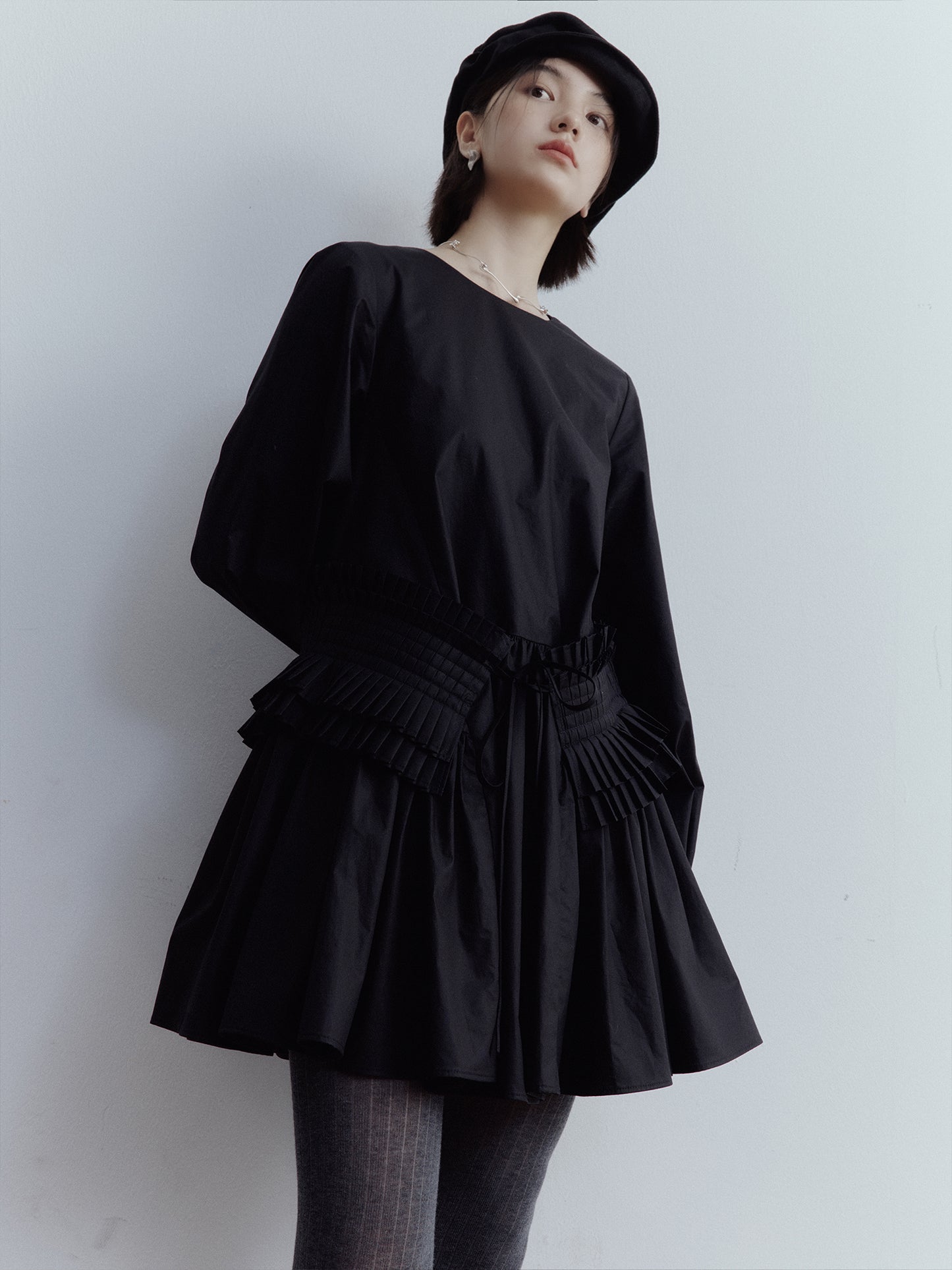 FUSSED Fragmented Dream Noir Pleated Cotton Doll Dress FOF-25SS159b