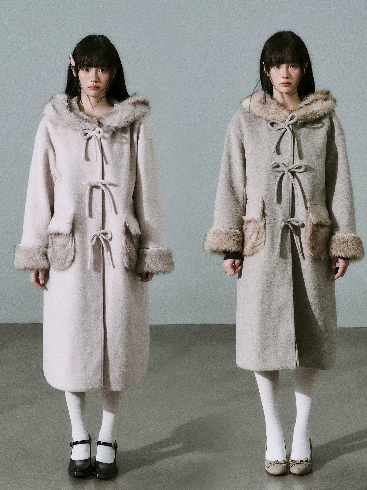 LOST FOREST - Pale Pink Wool-Blend Hooded Long Coat with Bow Tie & Faux-Fur Trim