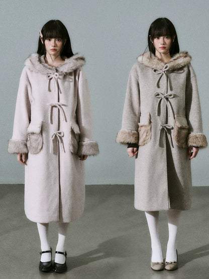 LOST FOREST - Pale Pink Wool-Blend Hooded Long Coat with Bow Tie & Faux-Fur Trim