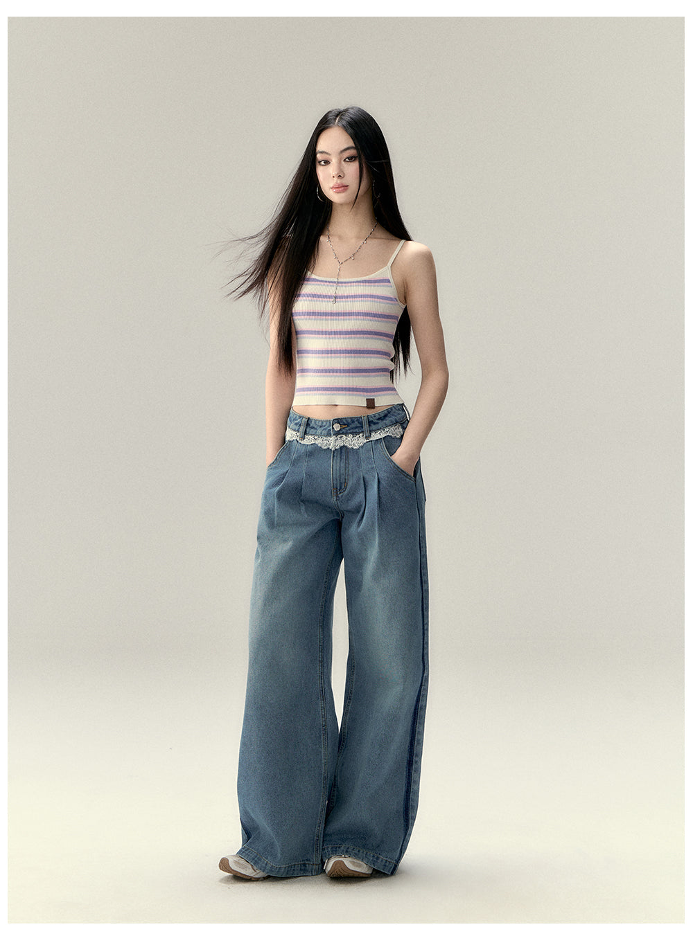 VIAPITTI - Lace Panel Straight-Leg Jeans (Light & Dark Blue)