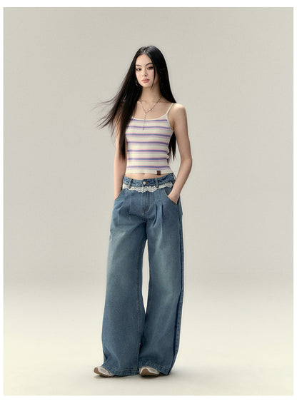 VIAPITTI - Lace Panel Straight-Leg Jeans (Light & Dark Blue)