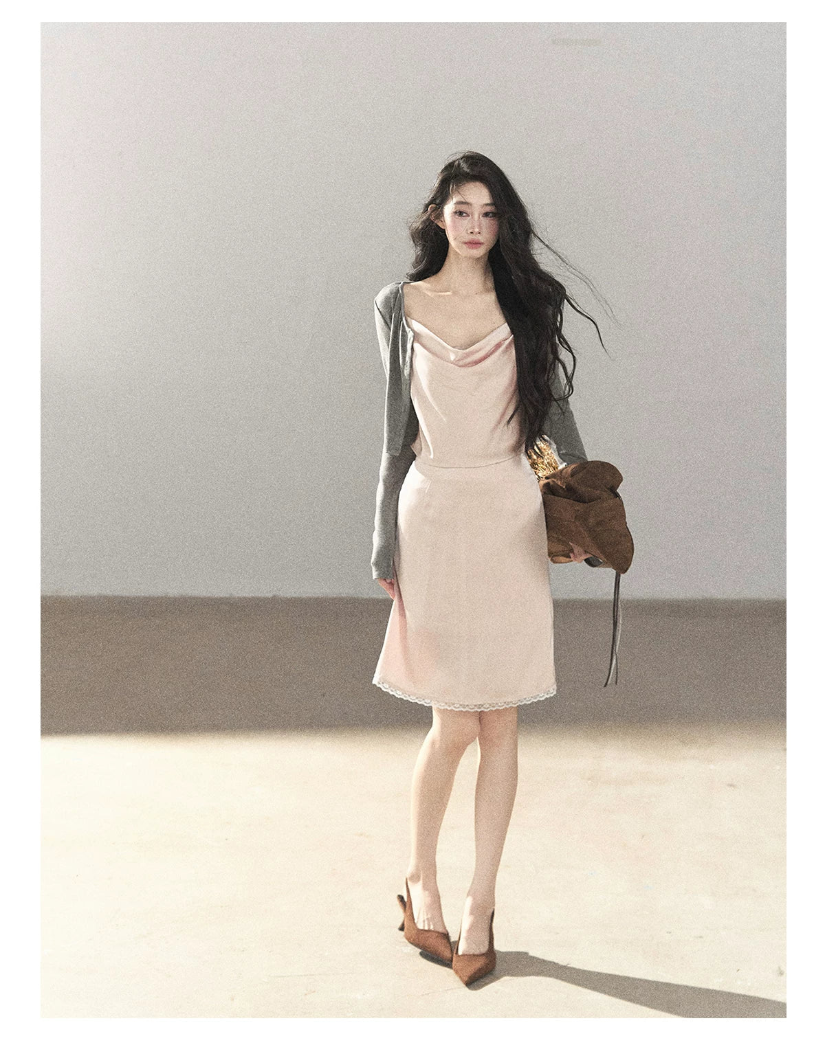 AOMALM - Glacier Pink Satin Cami & Skirt Set with Paris Gray Knit Cardigan