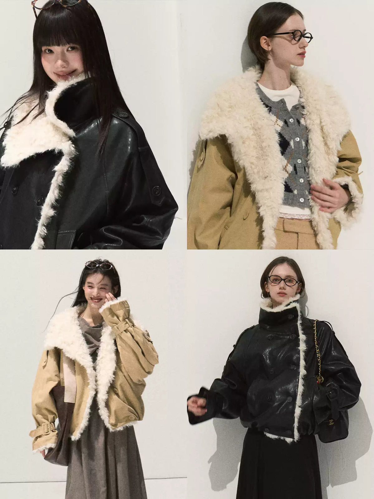 OAKMOO/ Cropped Faux Leather Shearling-Collar Jacket (Rich Black / Hazelnut Khaki)