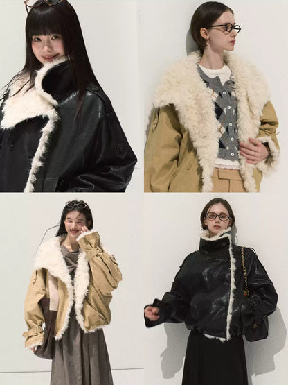 OAKMOO/ Cropped Faux Leather Shearling-Collar Jacket (Rich Black / Hazelnut Khaki)
