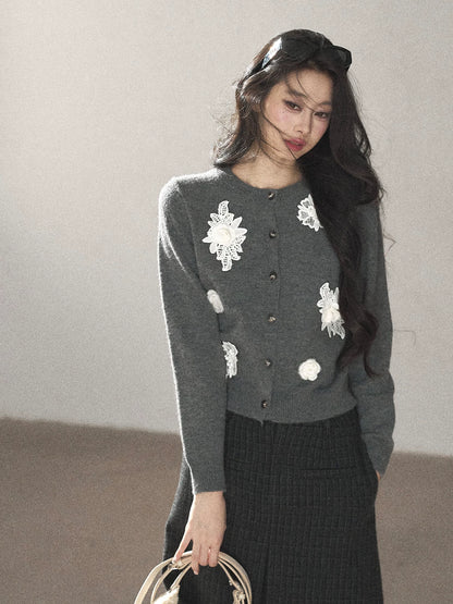 AOMALM - Paris Gray 3D Flower Knit Cardigan