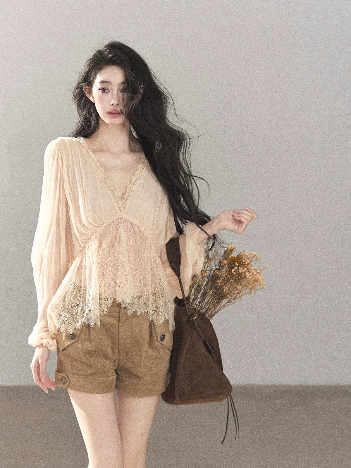AOMALM - Blush Pink Lace-Trim Chiffon Blouse & Cami Set