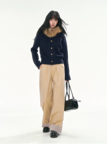 [CAN] Cable Knit Hooded Cardigan (Navy / Dusty Pink)