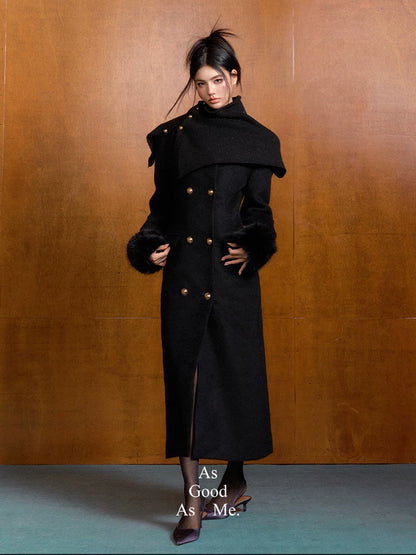 "Manor Elegance" Detachable Faux Fur Wool Coat & Knit Scarf Set