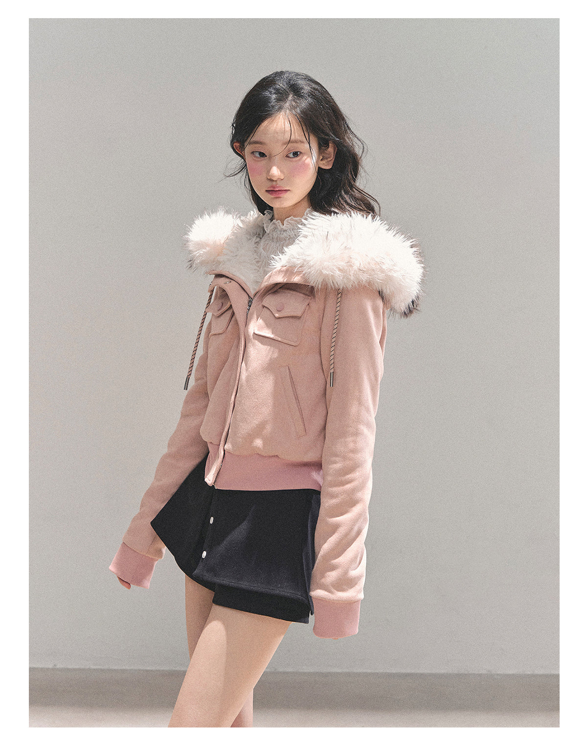 少也眼 “Snowvel Embrace” Hooded Sherpa Jacket - Cinnamon Pink 874351
