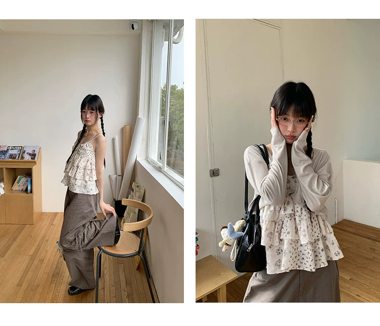 "Among the Blossoms" Soft Gray Floral Cotton Ruffle Cami Top