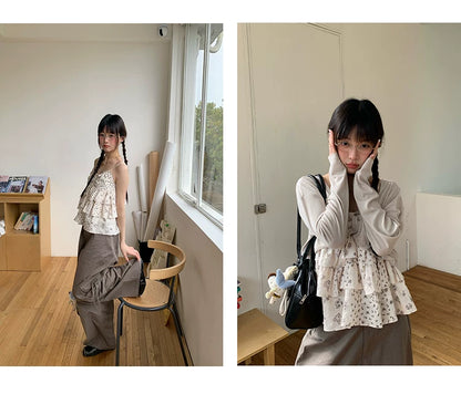 "Among the Blossoms" Soft Gray Floral Cotton Ruffle Cami Top